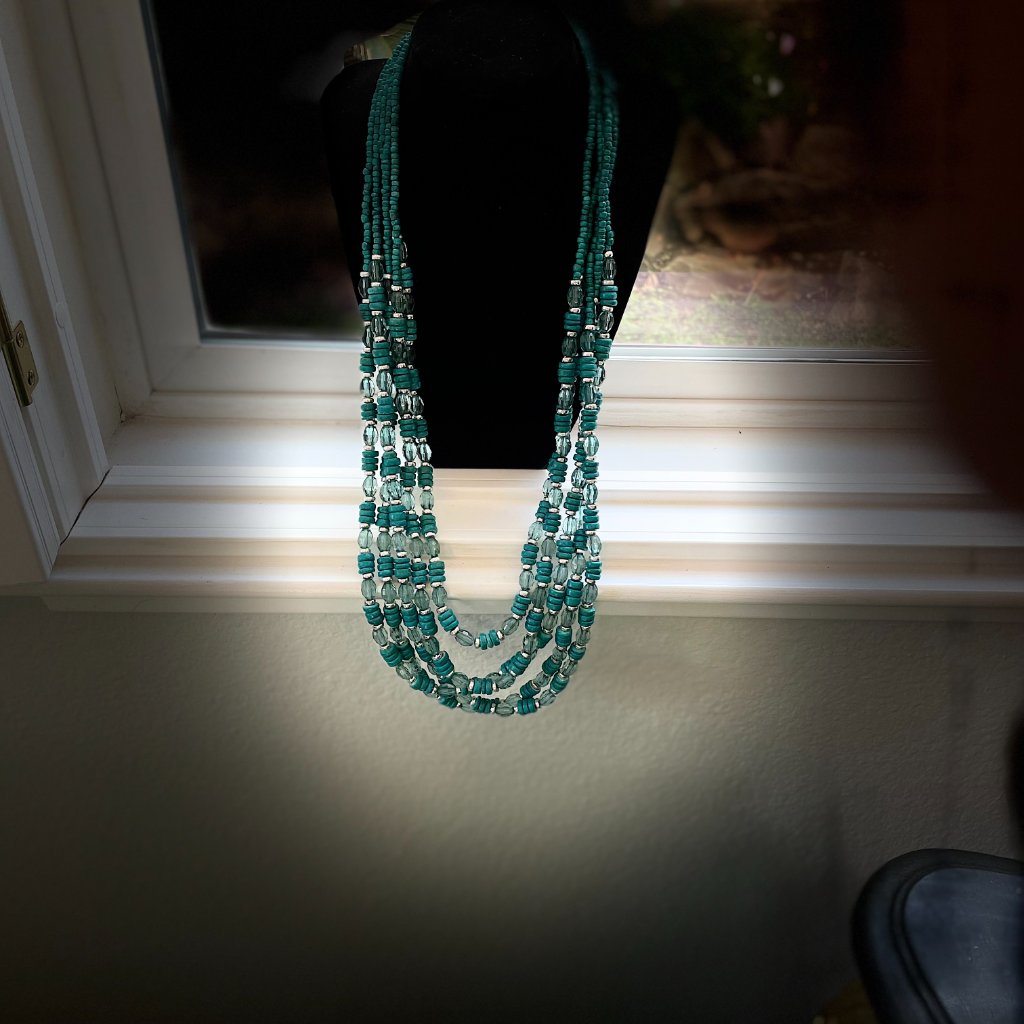 Vintage 4 Strand Boho Teal Bead Necklace Made With Teal, Glass & Silver Beads